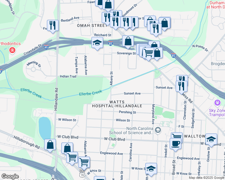 map of restaurants, bars, coffee shops, grocery stores, and more near 2137 Perennial Drive in Durham