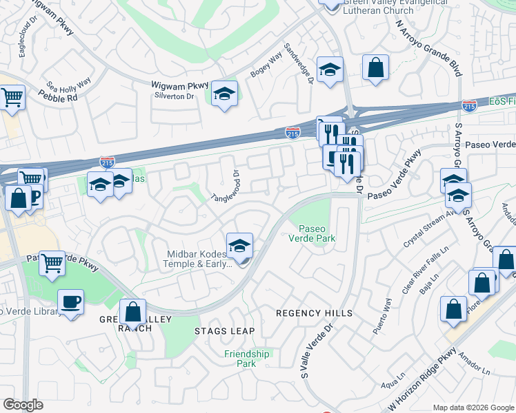 map of restaurants, bars, coffee shops, grocery stores, and more near 215 Camelback Ridge Avenue in Henderson