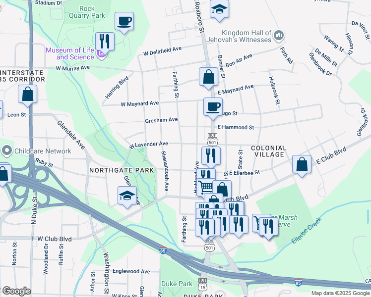 map of restaurants, bars, coffee shops, grocery stores, and more near 100 East Lavender Avenue in Durham