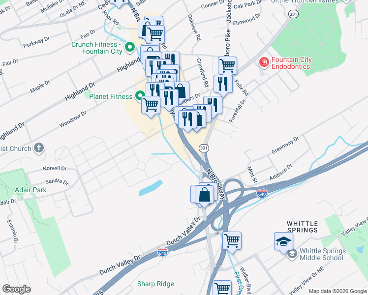 map of restaurants, bars, coffee shops, grocery stores, and more near 4719 Old Broadway in Knoxville