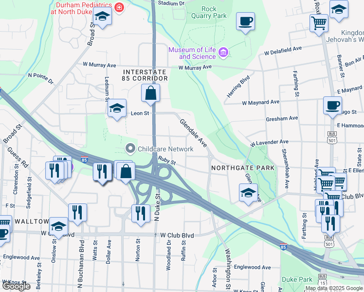 map of restaurants, bars, coffee shops, grocery stores, and more near in Durham County
