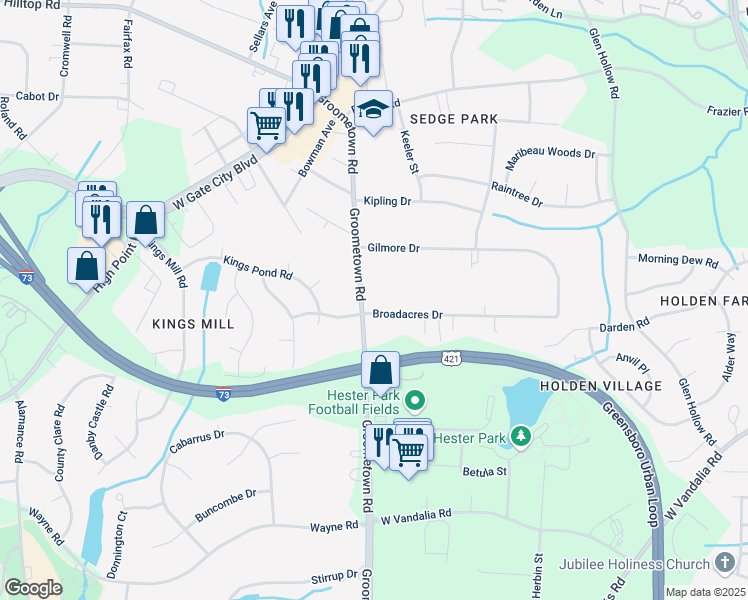 map of restaurants, bars, coffee shops, grocery stores, and more near 4101 Broadacres Drive in Greensboro