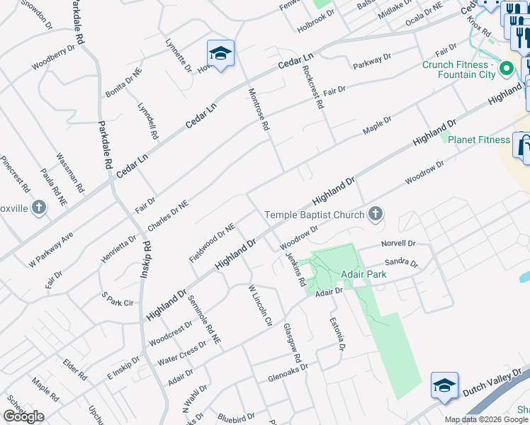 map of restaurants, bars, coffee shops, grocery stores, and more near 1515 Highland Drive in Knoxville