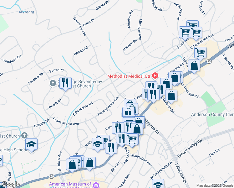 map of restaurants, bars, coffee shops, grocery stores, and more near 101 Pacific Road in Oak Ridge
