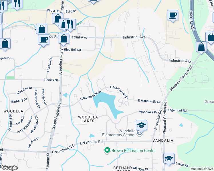 map of restaurants, bars, coffee shops, grocery stores, and more near 373 East Montcastle Drive in Greensboro