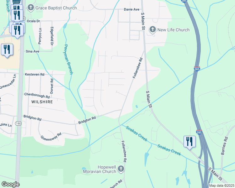 map of restaurants, bars, coffee shops, grocery stores, and more near 240 Orchard Park Lane in Winston-Salem