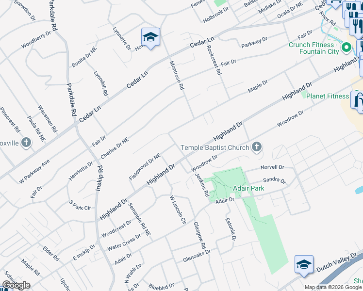 map of restaurants, bars, coffee shops, grocery stores, and more near 1515 Highland Drive in Knoxville