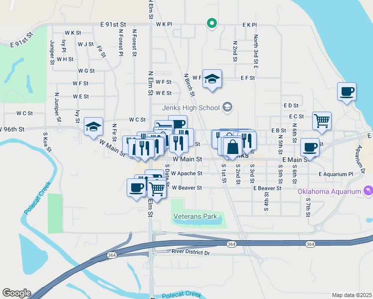 map of restaurants, bars, coffee shops, grocery stores, and more near 316 West A Street in Jenks