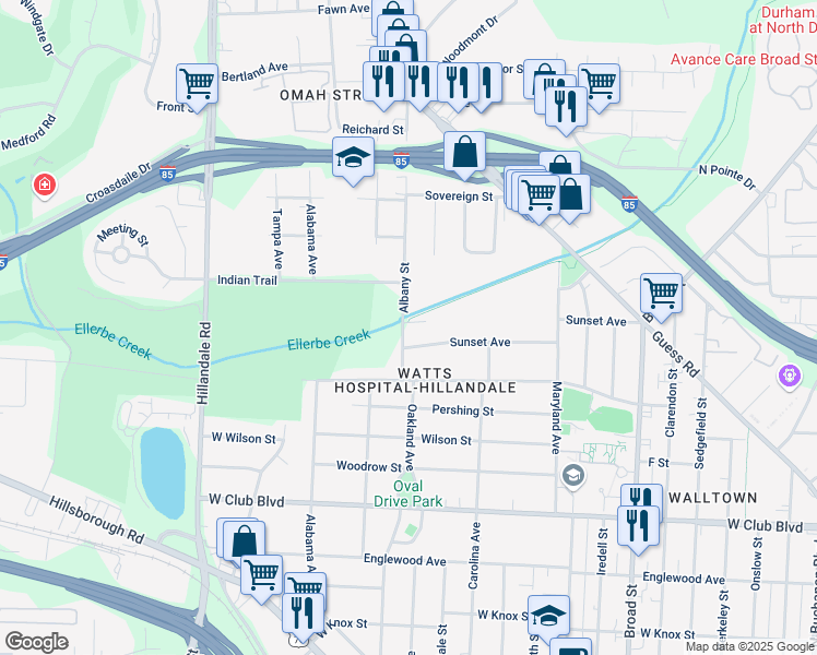 map of restaurants, bars, coffee shops, grocery stores, and more near 2137 Perennial Drive in Durham