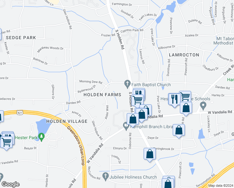 map of restaurants, bars, coffee shops, grocery stores, and more near 3111 Darden Road in Greensboro