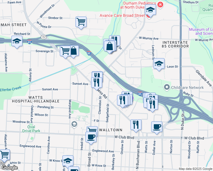 map of restaurants, bars, coffee shops, grocery stores, and more near 1609 Sedgefield Street in Durham