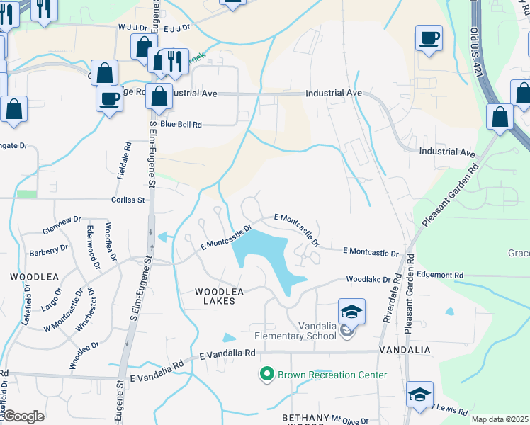 map of restaurants, bars, coffee shops, grocery stores, and more near 373 East Montcastle Drive in Greensboro