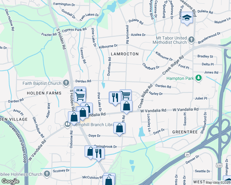 map of restaurants, bars, coffee shops, grocery stores, and more near 2807 Pine Knoll Place in Greensboro