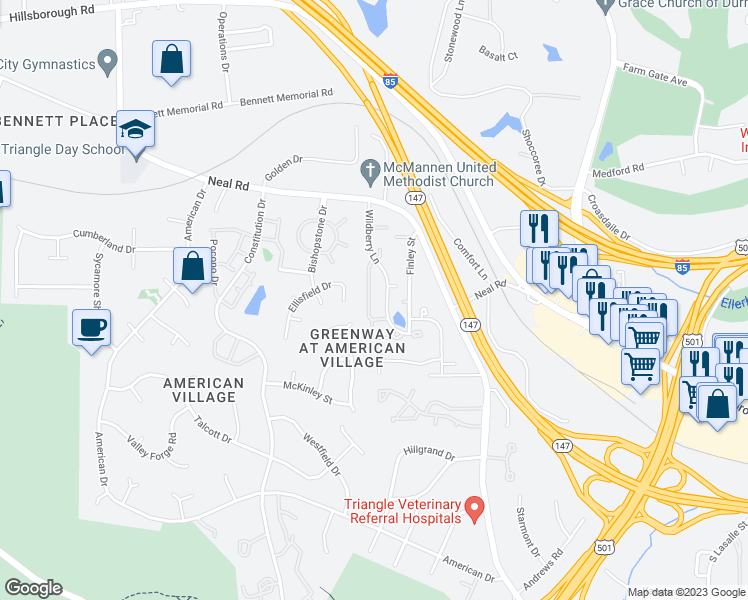 map of restaurants, bars, coffee shops, grocery stores, and more near 22 Prestwick Place in Durham