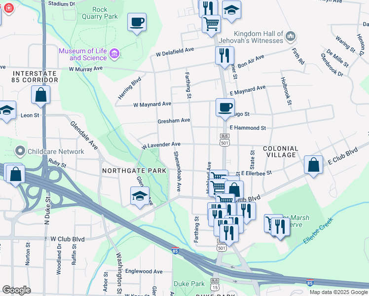map of restaurants, bars, coffee shops, grocery stores, and more near 107 West Lavender Avenue in Durham