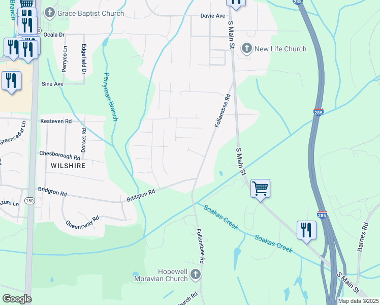 map of restaurants, bars, coffee shops, grocery stores, and more near 240 Orchard Park Lane in Winston-Salem