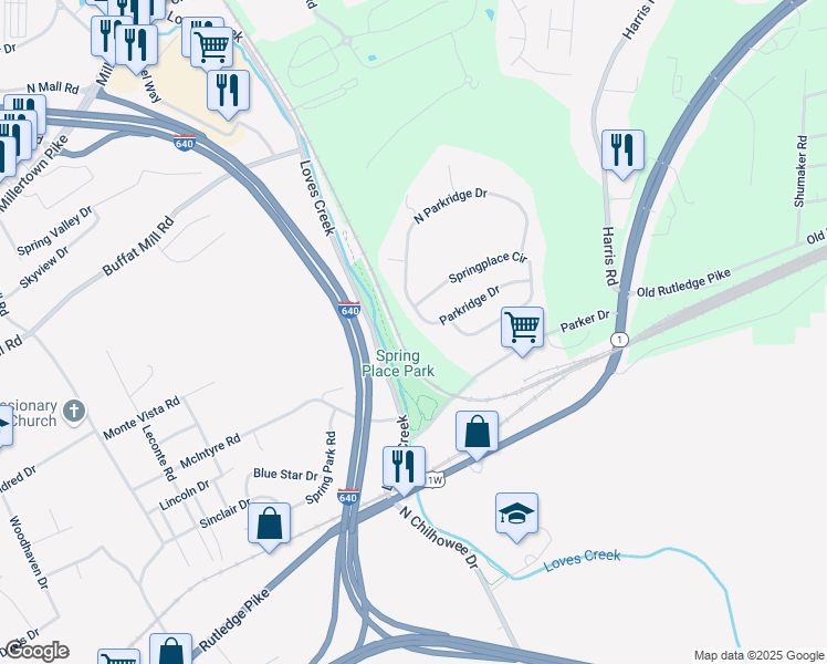 map of restaurants, bars, coffee shops, grocery stores, and more near 1401 Parkridge Drive in Knoxville
