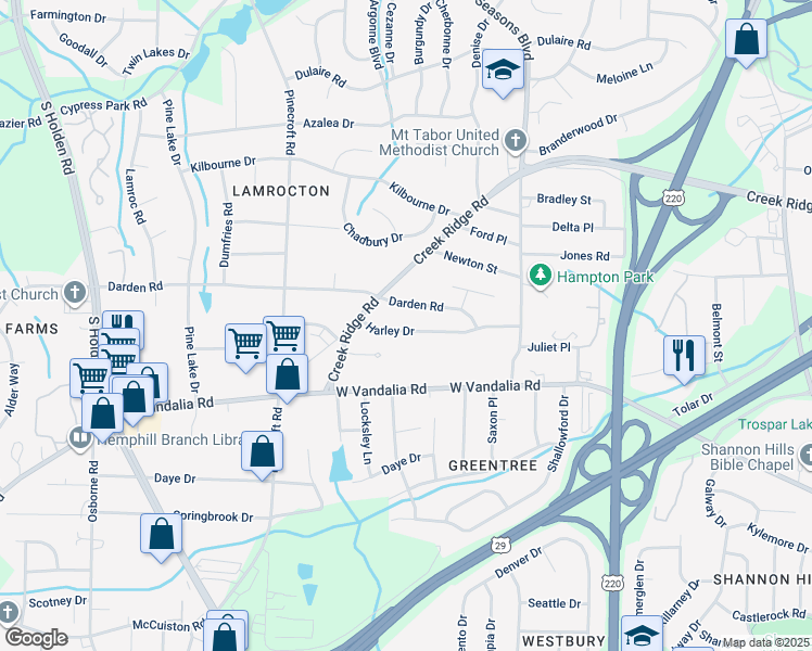 map of restaurants, bars, coffee shops, grocery stores, and more near 2614 Darden Road in Greensboro