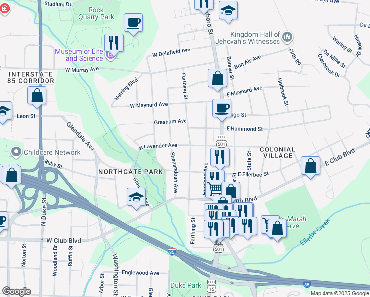 map of restaurants, bars, coffee shops, grocery stores, and more near 103 West Lavender Avenue in Durham