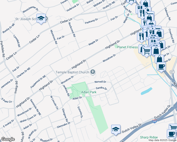 map of restaurants, bars, coffee shops, grocery stores, and more near 2028 Woodrow Drive in Knoxville