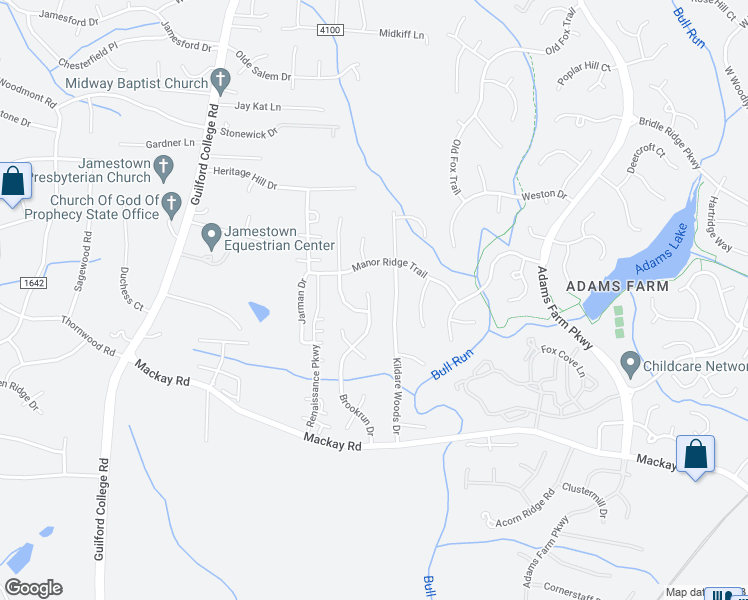 map of restaurants, bars, coffee shops, grocery stores, and more near 3007 Brookrun Drive in Jamestown