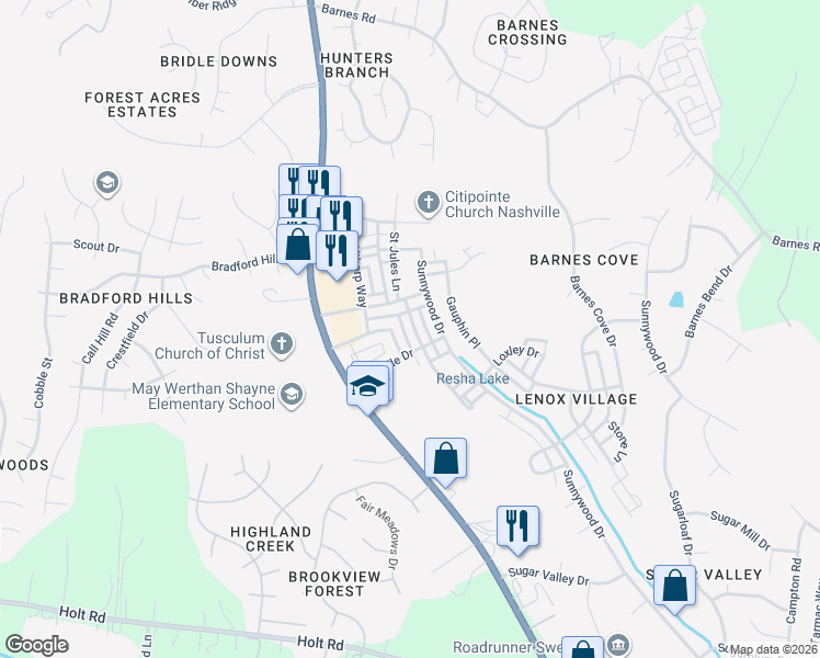 map of restaurants, bars, coffee shops, grocery stores, and more near 7740 Porter House Drive in Nashville