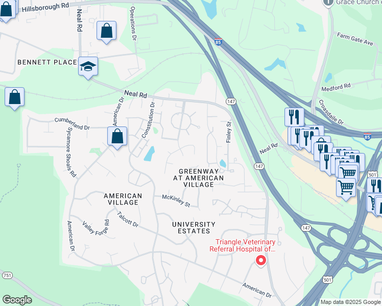 map of restaurants, bars, coffee shops, grocery stores, and more near 4003 Ellisfield Drive in Durham