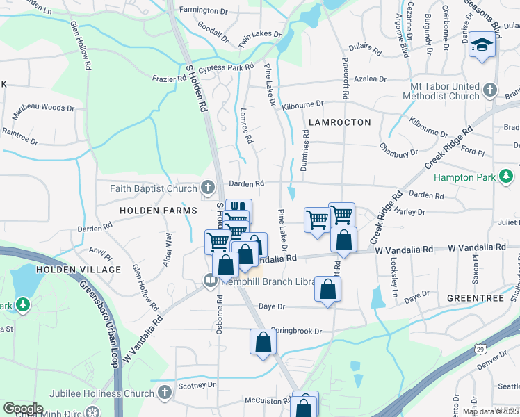 map of restaurants, bars, coffee shops, grocery stores, and more near 3005 Darden Road in Greensboro