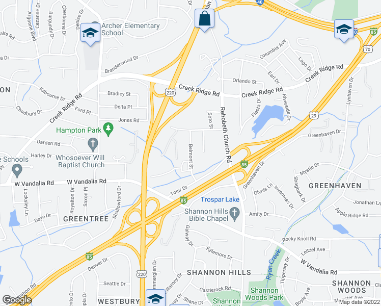map of restaurants, bars, coffee shops, grocery stores, and more near Belmont Street in Greensboro
