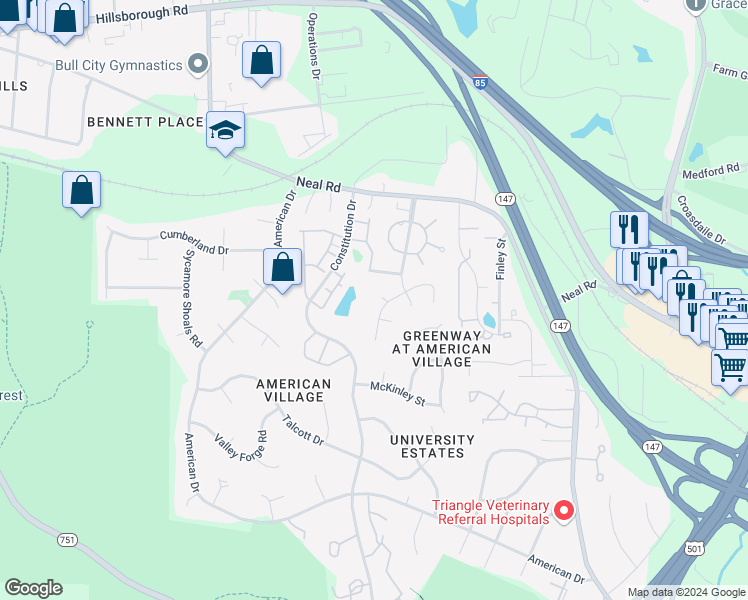 map of restaurants, bars, coffee shops, grocery stores, and more near 5 Burwell Court in Durham