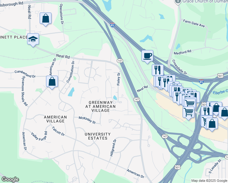 map of restaurants, bars, coffee shops, grocery stores, and more near 18 Durbin Place in Durham