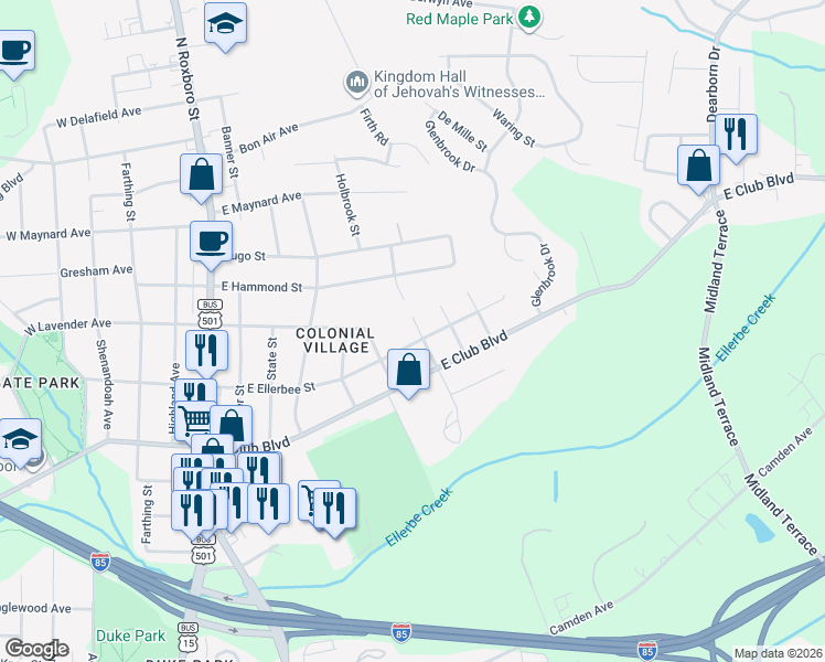 map of restaurants, bars, coffee shops, grocery stores, and more near 803 East Lavender Avenue in Durham
