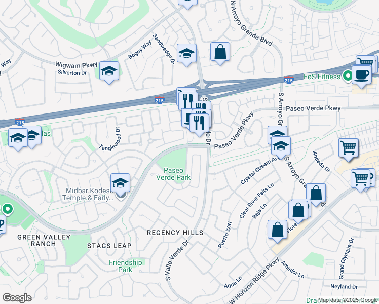 map of restaurants, bars, coffee shops, grocery stores, and more near 75 South Valle Verde Drive in Henderson