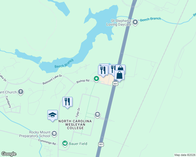 map of restaurants, bars, coffee shops, grocery stores, and more near 3766 Savannah Place in Rocky Mount