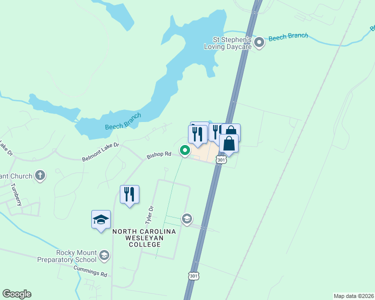 map of restaurants, bars, coffee shops, grocery stores, and more near 3766 Savannah Place in Rocky Mount