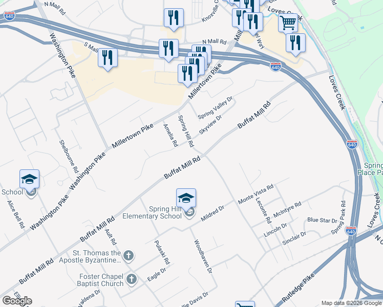 map of restaurants, bars, coffee shops, grocery stores, and more near 4904 Skyview Drive in Knoxville