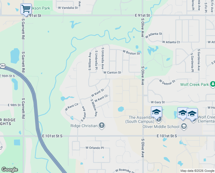 map of restaurants, bars, coffee shops, grocery stores, and more near 4001 West Kent Street in Broken Arrow