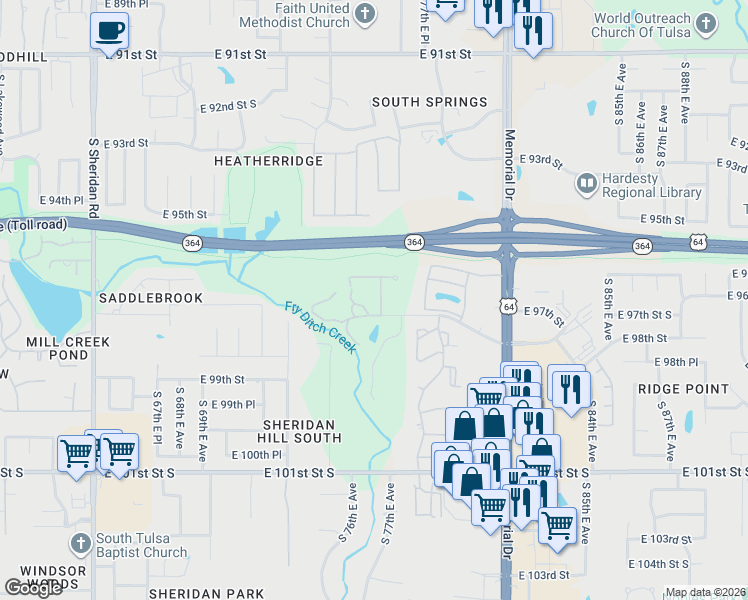 map of restaurants, bars, coffee shops, grocery stores, and more near 7432 East 97th Street in Tulsa