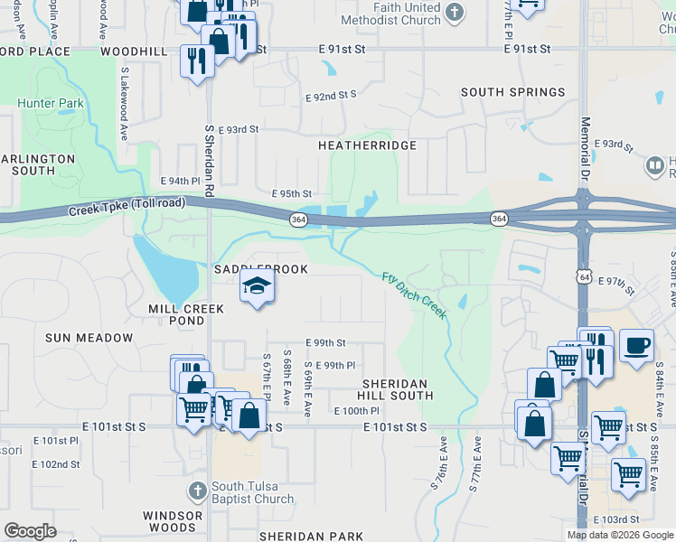 map of restaurants, bars, coffee shops, grocery stores, and more near 6929 East 97th Street in Tulsa