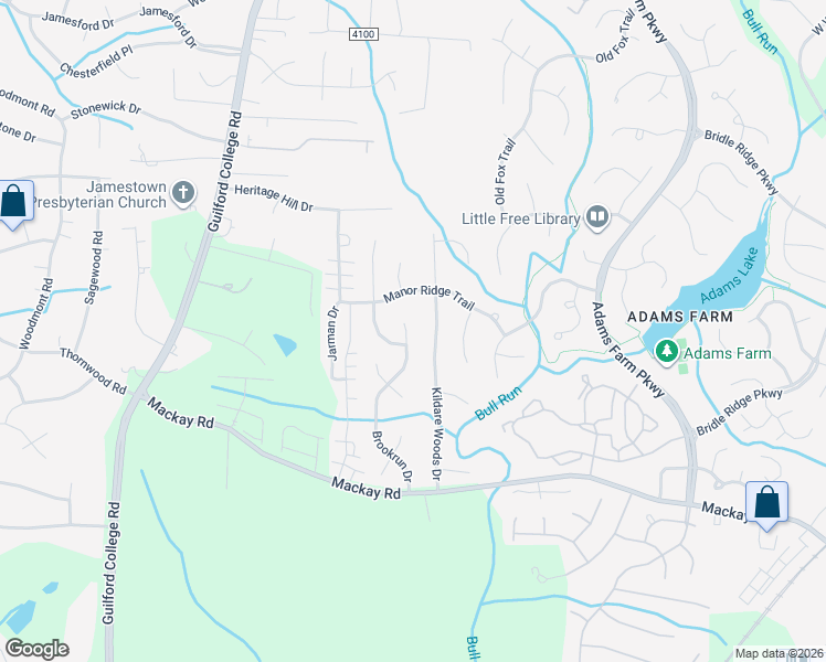 map of restaurants, bars, coffee shops, grocery stores, and more near 3007 Brookrun Drive in Jamestown