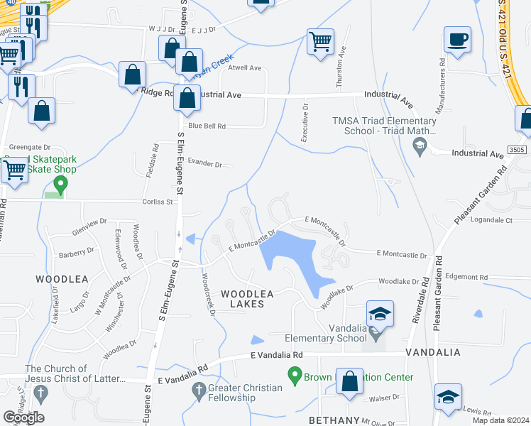 map of restaurants, bars, coffee shops, grocery stores, and more near 347 East Montcastle Drive in Greensboro