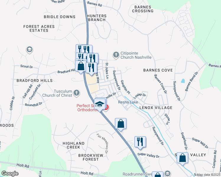 map of restaurants, bars, coffee shops, grocery stores, and more near 7740 Porter House Drive in Nashville