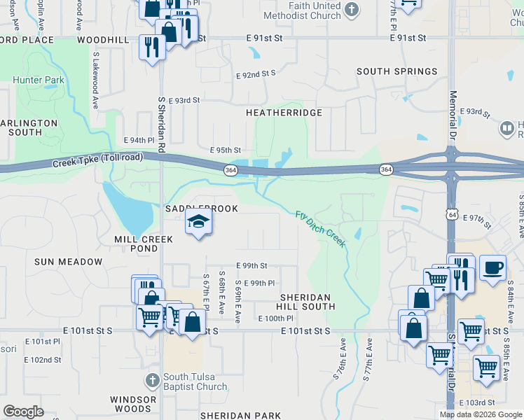 map of restaurants, bars, coffee shops, grocery stores, and more near 6929 East 97th Street in Tulsa