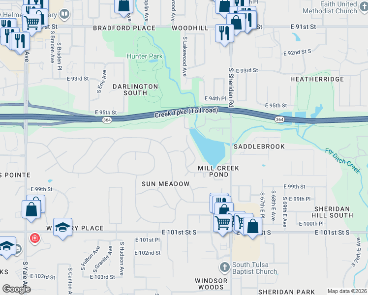 map of restaurants, bars, coffee shops, grocery stores, and more near 9610 South Maplewood Avenue East in Tulsa