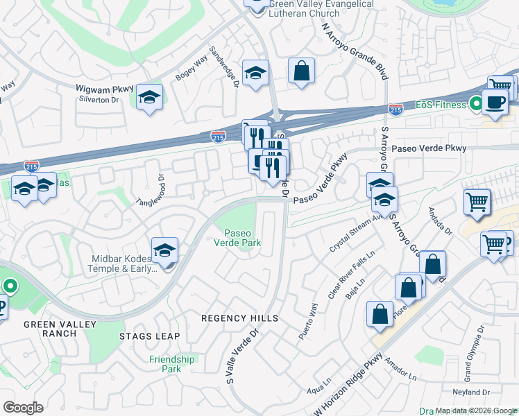 map of restaurants, bars, coffee shops, grocery stores, and more near 75 South Valle Verde Drive in Henderson