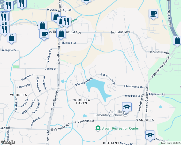 map of restaurants, bars, coffee shops, grocery stores, and more near 377 East Montcastle Drive in Greensboro