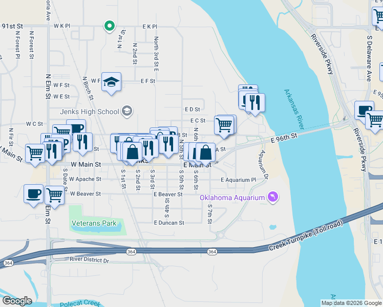map of restaurants, bars, coffee shops, grocery stores, and more near 531 East A Street in Jenks