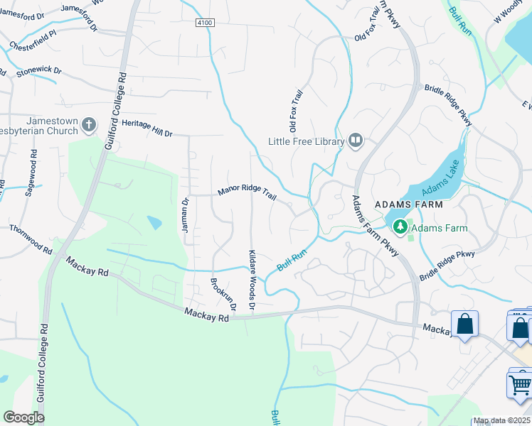 map of restaurants, bars, coffee shops, grocery stores, and more near 8 Manor Ridge Court in Greensboro