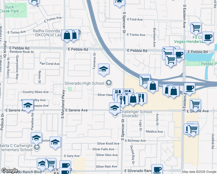 map of restaurants, bars, coffee shops, grocery stores, and more near 1650 Silver Hawk Avenue in Las Vegas