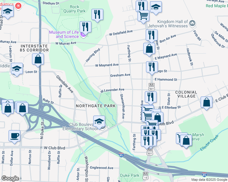 map of restaurants, bars, coffee shops, grocery stores, and more near 2522 Elgin Street in Durham